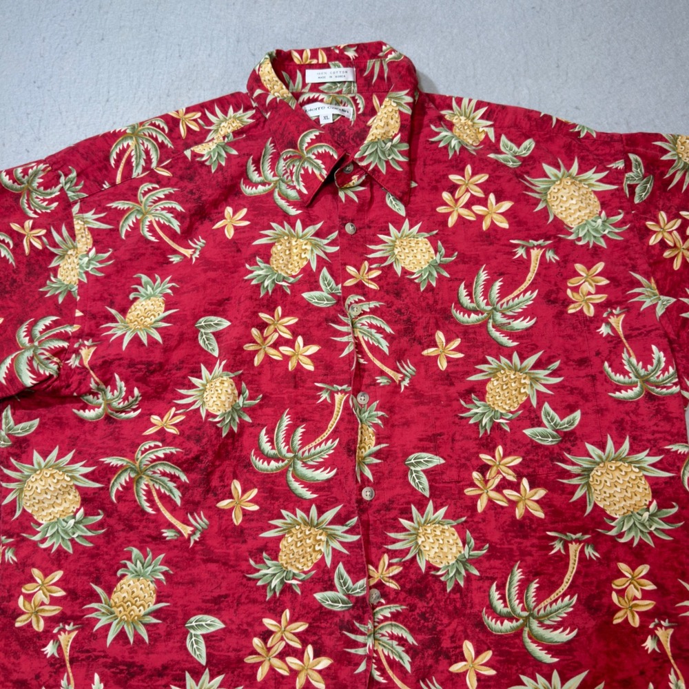 Pierre Cardin Button Up Mens XL Red Excellent Tropical‎ Pineapple Cotton Shirt